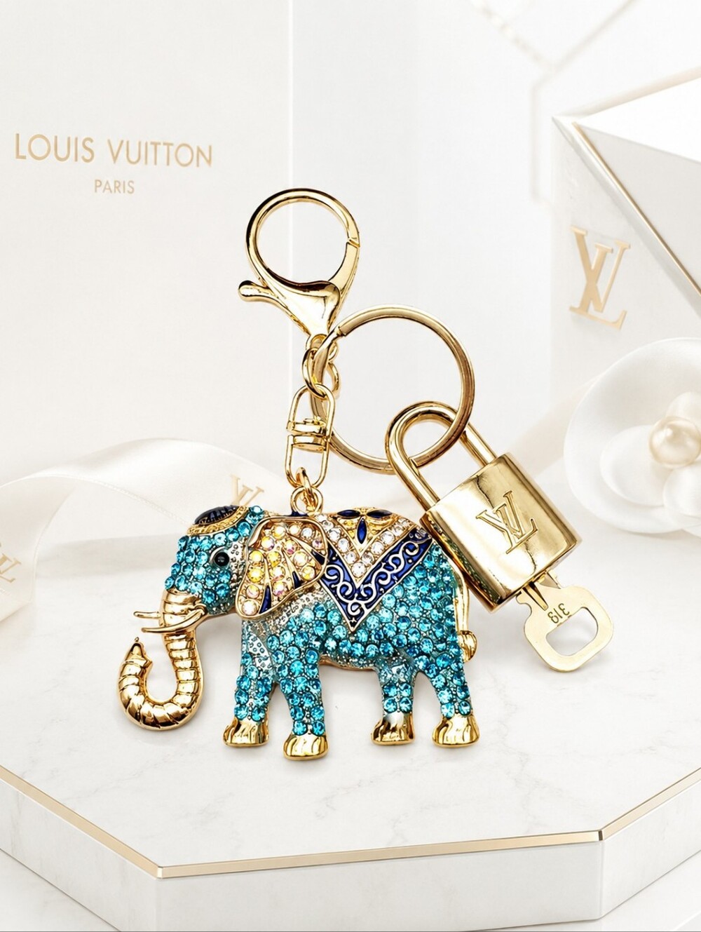 LV Gold Padlock Authentic 🔑 Luxury Bag Charm w/ Unbranded Elephant Keychain